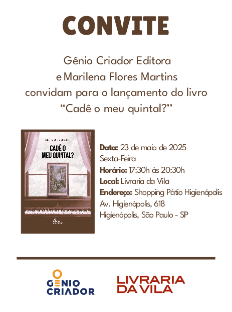 Convite livro Cadê o meu quintal, da Gênio Criador Editora